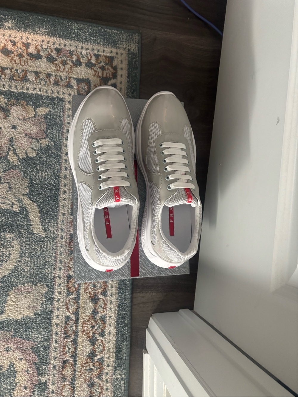 Prada White and Red Men's Low-Top Mesh & Leather Sneakers